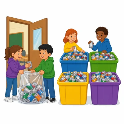 Piles of cans collected for recycling at school.
