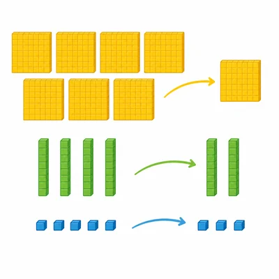 Base-ten blocks show hundreds, tens, and ones being subtracted.