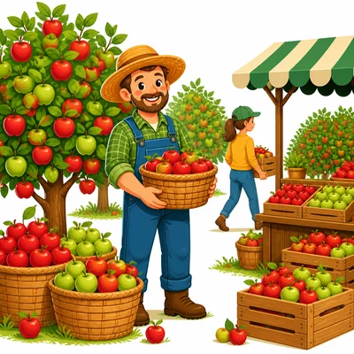 A farmer has baskets of apples, with some sold and some left.