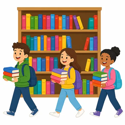 Students carry books away from a library shelf with books remaining.