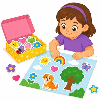 A child uses stickers for a project while more stickers remain in a box.