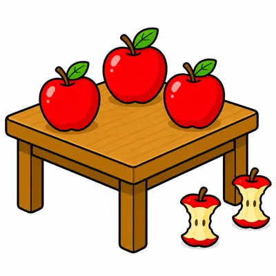Three apples remain on a table with two apple cores nearby.