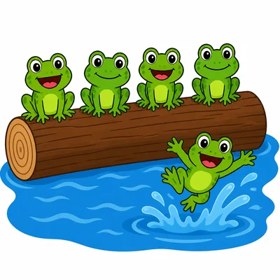 Four frogs remain on a log while one frog jumps into the pond.