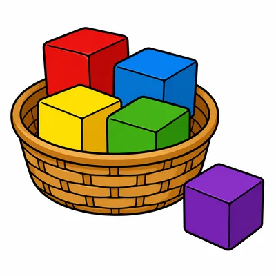 One toy cube is left while four cubes are in a basket.