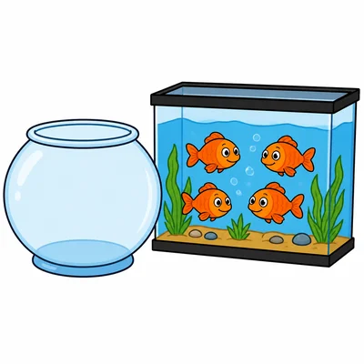 An empty fish bowl with four fish moved to a tank.