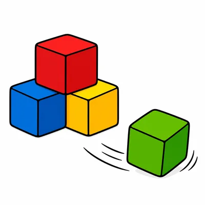 Four toy blocks with one rolling away and three left together.