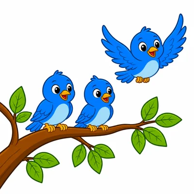 Two birds sit on a branch while one bird flies away.