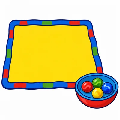 An empty mat with five marbles in a bowl beside it.