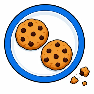 Two cookies remain on a plate with eaten cookie pieces nearby.
