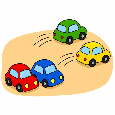 Two toy cars remain while two toy cars roll away.