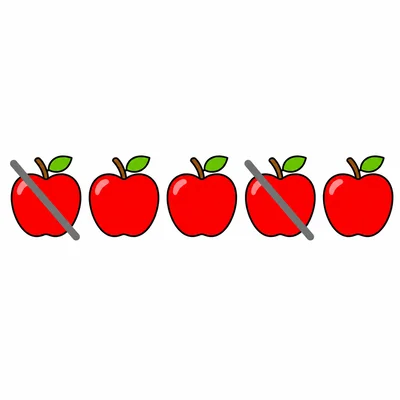 Five apples with two crossed out.