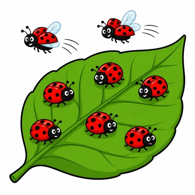 Eight ladybugs with two flying away.