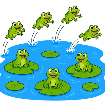 Seven frogs with four jumping away.