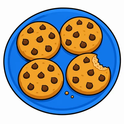 Four cookies on a plate with one eaten.