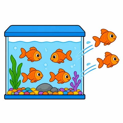 Six fish with two swimming away.