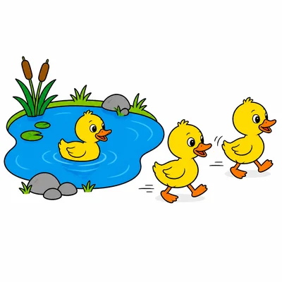 Three ducks with two leaving the pond.