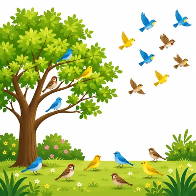 Birds in a park, with some flying away and some staying.