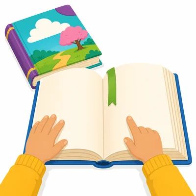 An open book with a bookmark showing pages read and pages left to read.