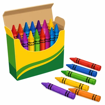 A crayon box with some crayons inside and some used crayons outside.