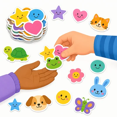 Colorful stickers with some being given away and some left in a pile.