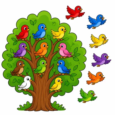 A tree with ten birds sitting and six birds flying away