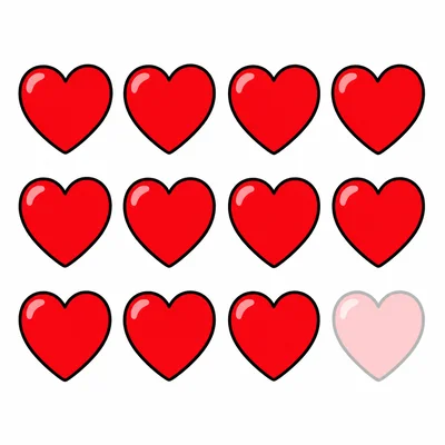 Eleven red hearts with one faded to show taken away