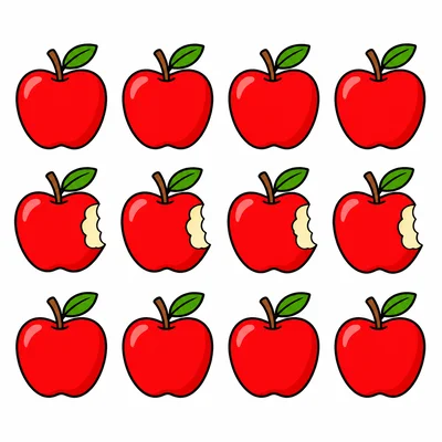 Twelve apples with four bitten apples shown as eaten