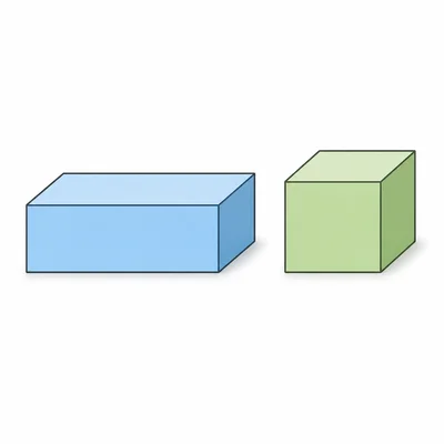 A long rectangular prism and a cube shown side by side.