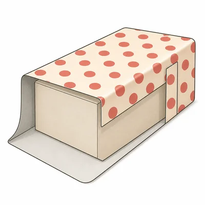 A gift box wrapped with paper and a small overlap flap.