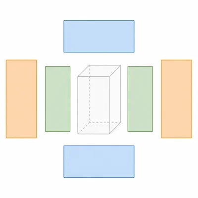 Six rectangular faces of a prism shown as colored pairs.