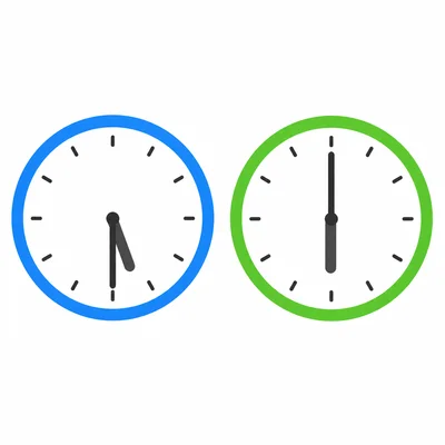 Two clocks showing 5:30 and 6:00.