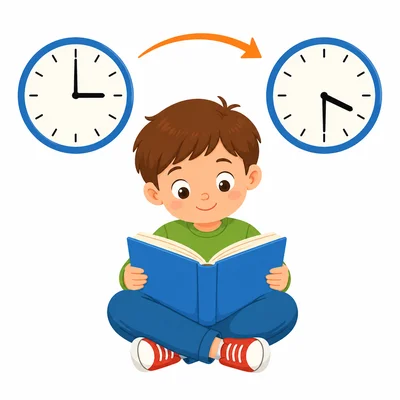 Child reading with clocks showing 3:00 and 3:30.