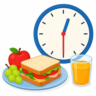 Lunch scene with a clock showing half past twelve.