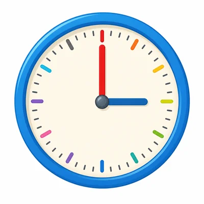 Analog clock with minute hand at the top and hour hand at three.