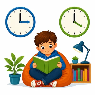 Child reading with two clocks showing start and stop times.