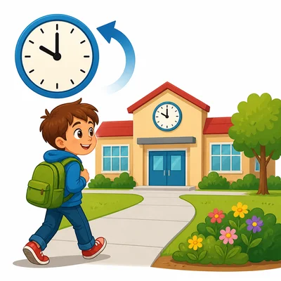 Student arriving at school with a clock showing school start time and a backward time arrow.