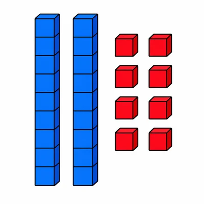 Two ten rods and eight ones cubes.
