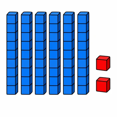 Six ten rods and two ones cubes.