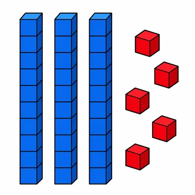 Three ten rods and five ones cubes.