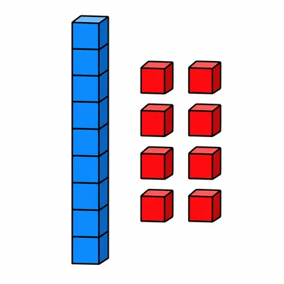 One ten rod and eight ones cubes.