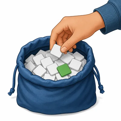 A bag with many white tiles and one green tile.