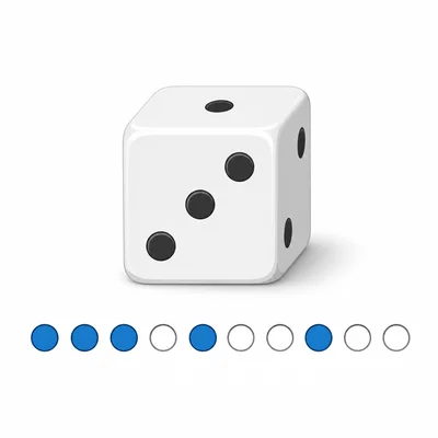 A die showing three pips with highlighted outcome markers.