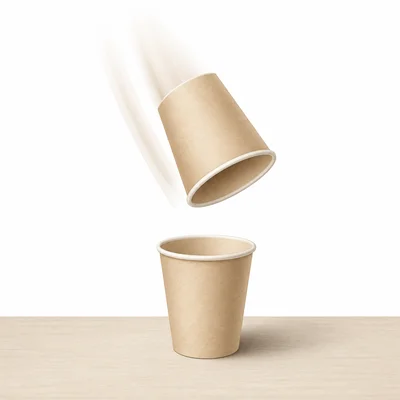 A paper cup dropping and another cup landing open side up.