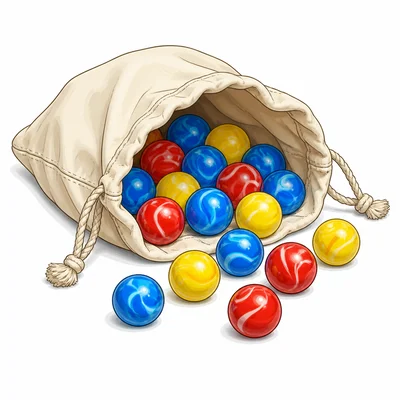 A bag containing red, blue, and yellow marbles.