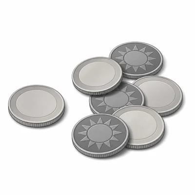 A coin and a group of flipped coins showing two possible sides.
