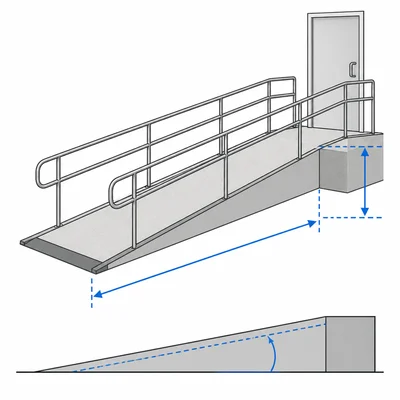 Wheelchair ramp with ramp length, vertical rise, and incline angle highlighted.
