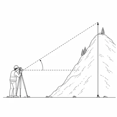 Surveyor viewing a hilltop with angle of elevation and height shown.