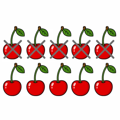 Ten cherries with five crossed out, leaving five.