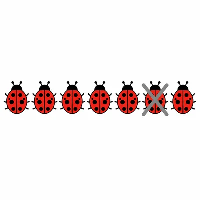 Seven ladybugs with one crossed out, leaving six.
