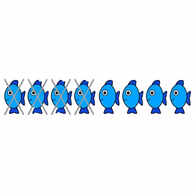 Eight fish with four crossed out, leaving four.